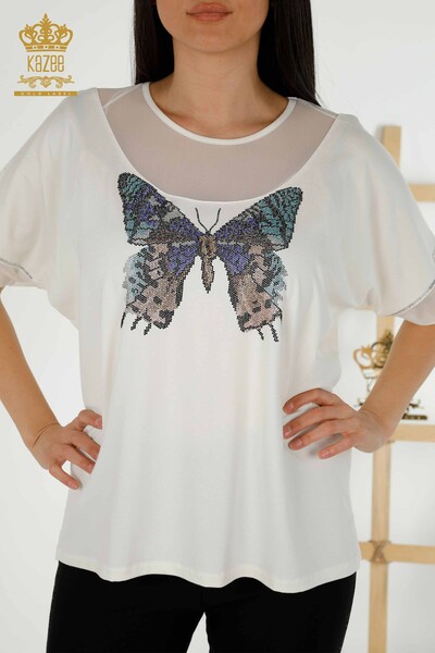 Wholesale Women's Blouse - Butterfly Pattern - Ecru - 79103 | KAZEE - 2