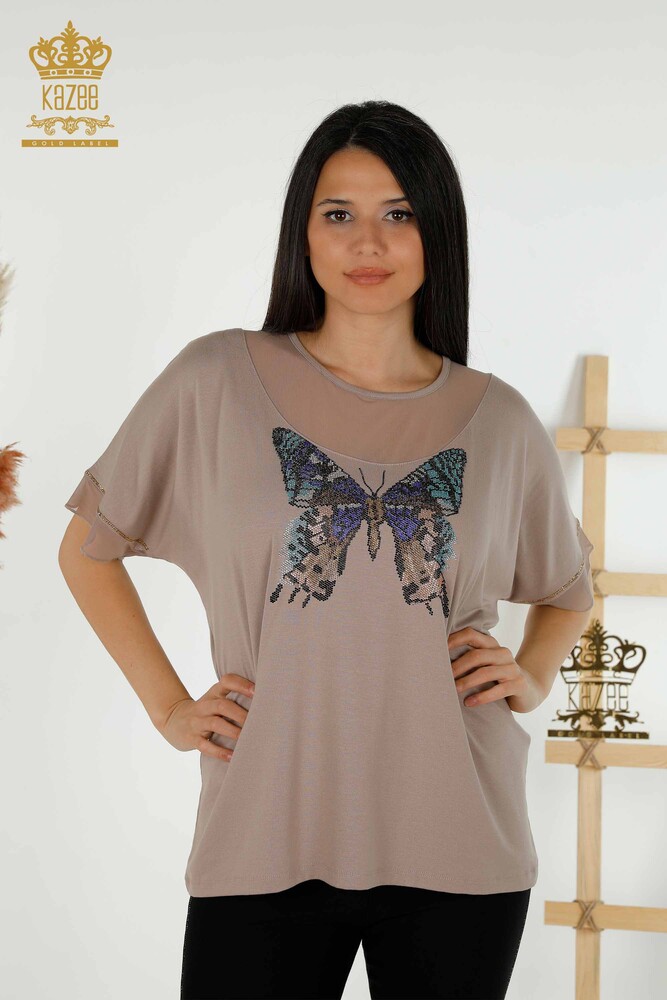 Wholesale Women's Blouse - Butterfly Pattern - Mink - 79103 | KAZEE - 1