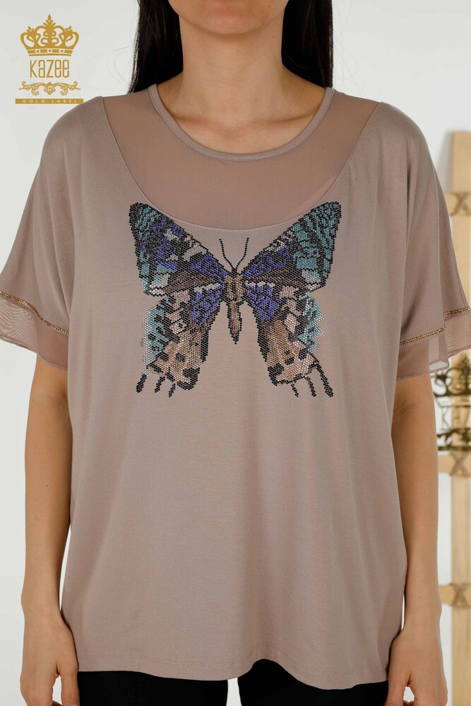 Wholesale Women's Blouse - Butterfly Pattern - Mink - 79103 | KAZEE - 2