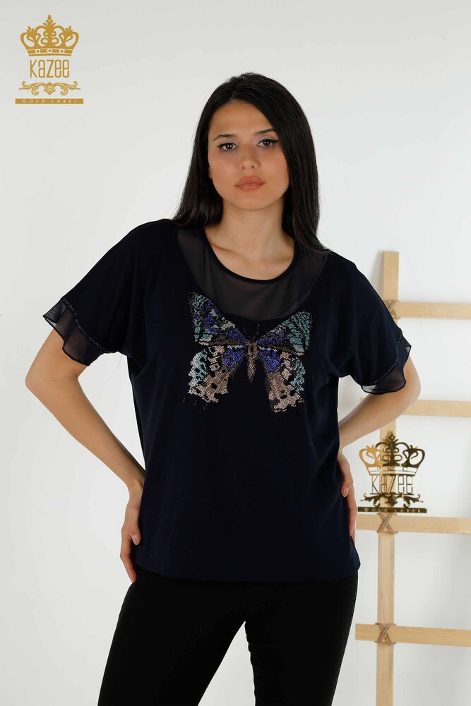 Wholesale Women's Blouse - Butterfly Pattern - Navy Blue - 79103 | KAZEE - 1