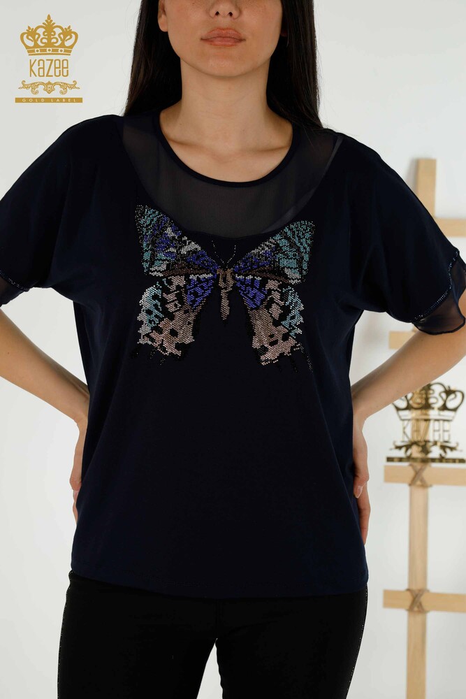 Wholesale Women's Blouse - Butterfly Pattern - Navy Blue - 79103 | KAZEE - 2