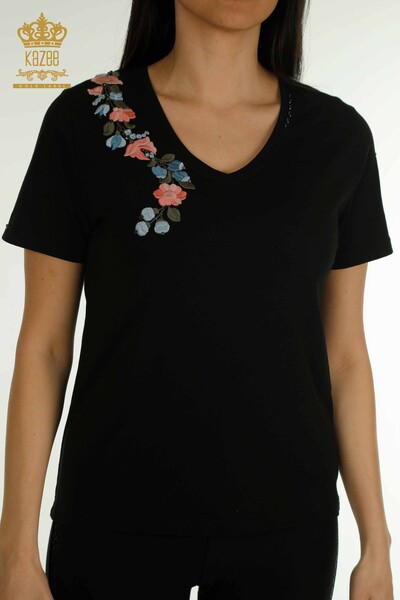 Wholesale Women's Blouse Colorful Flower Embroidered Black - 79455 | KAZEE - 2