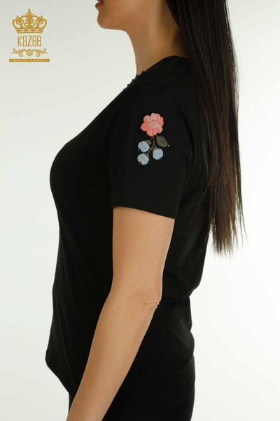 Wholesale Women's Blouse Colorful Flower Embroidered Black - 79455 | KAZEE - 9