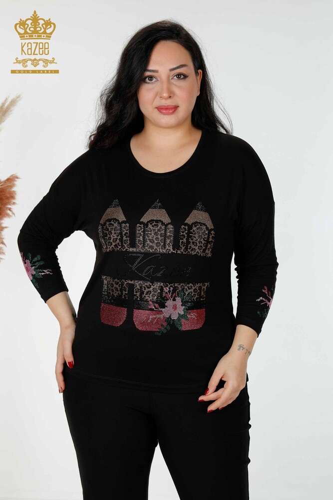 Wholesale Women's Blouse Colored Stone Embroidered Black - 77942 | KAZEE - 1