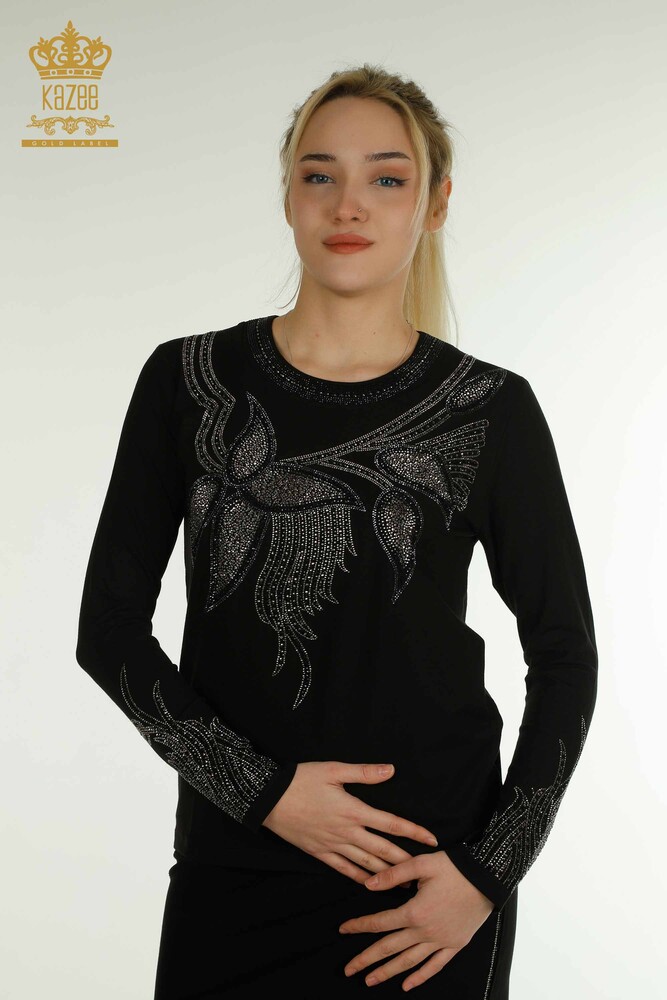 Wholesale Women's Blouse Crew Neck Black - 79380 | KAZEE - 1