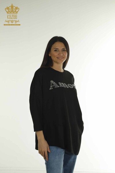 Wholesale Women's Blouse Crystal Stone Embroidered Black - 2402-231049 | S&M - Thumbnail