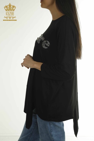 Wholesale Women's Blouse Crystal Stone Embroidered Black - 2402-231049 | S&M - Thumbnail