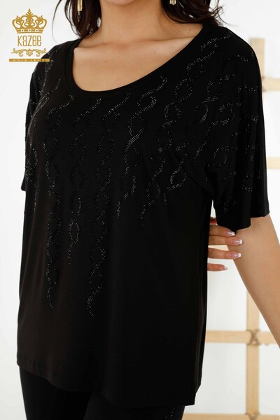 Wholesale Women's Blouse - Crystal Stone Embroidered - Black - 79069 | KAZEE - 2