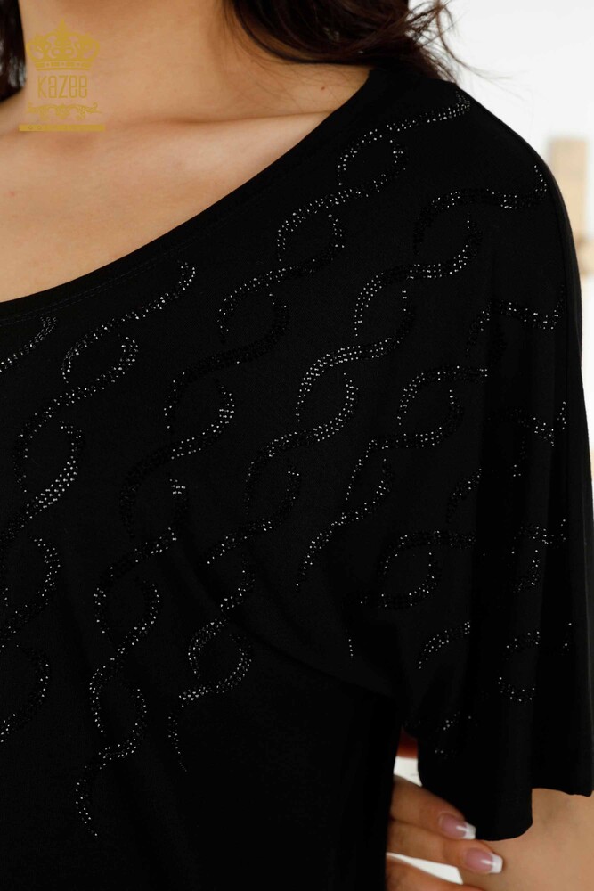 Wholesale Women's Blouse - Crystal Stone Embroidered - Black - 79069 | KAZEE - 3