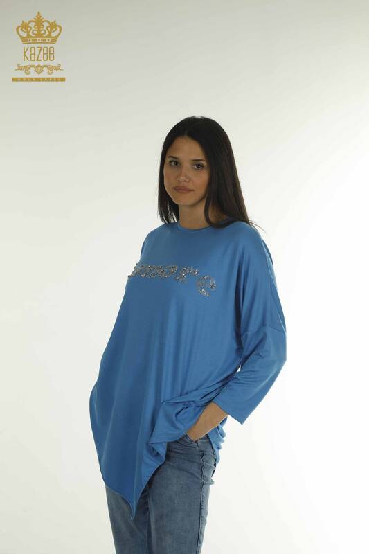 Wholesale Women's Blouse Crystal Stone Embroidered Blue - 2402-231049 | S&M