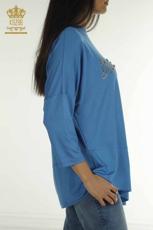 Wholesale Women's Blouse Crystal Stone Embroidered Blue - 2402-231049 | S&M