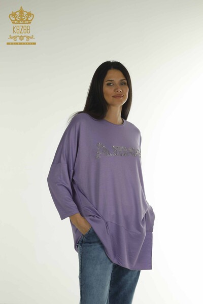 S&M - Wholesale Women's Blouse Crystal Stone Embroidered Lilac - 2402-231049 | S&M