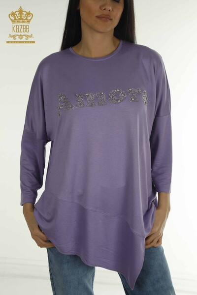 S&M - Wholesale Women's Blouse Crystal Stone Embroidered Lilac - 2402-231049 | S&M (1)