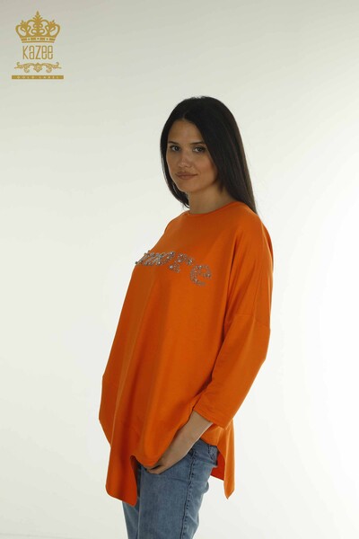 Wholesale Women's Blouse Crystal Stone Embroidered Orange - 2402-231049 | S&M - Thumbnail