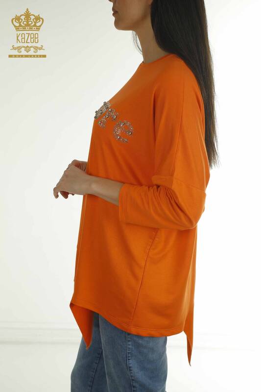 Wholesale Women's Blouse Crystal Stone Embroidered Orange - 2402-231049 | S&M
