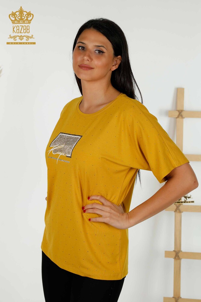 Wholesale Women's Blouse - Crystal Stone Embroidered - Saffron - 79389 | KAZEE - 1