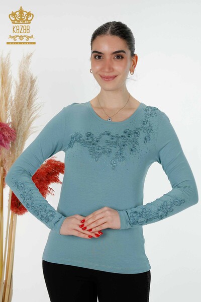 Wholesale Women's Blouse Floral Pattern Blue - 79010 | KAZEE - Kazee