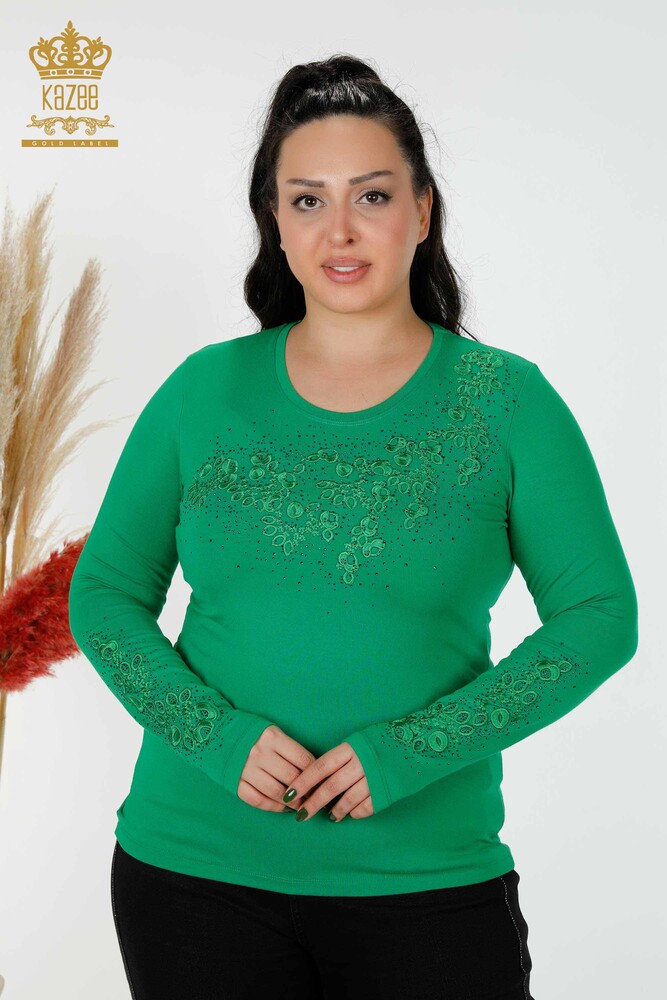 Wholesale Women's Blouse Floral Pattern Green - 79010 | KAZEE - 1