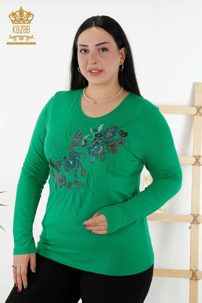 Wholesale Women's Blouse - Floral Pattern - Green - 79045 | KAZEE - 1