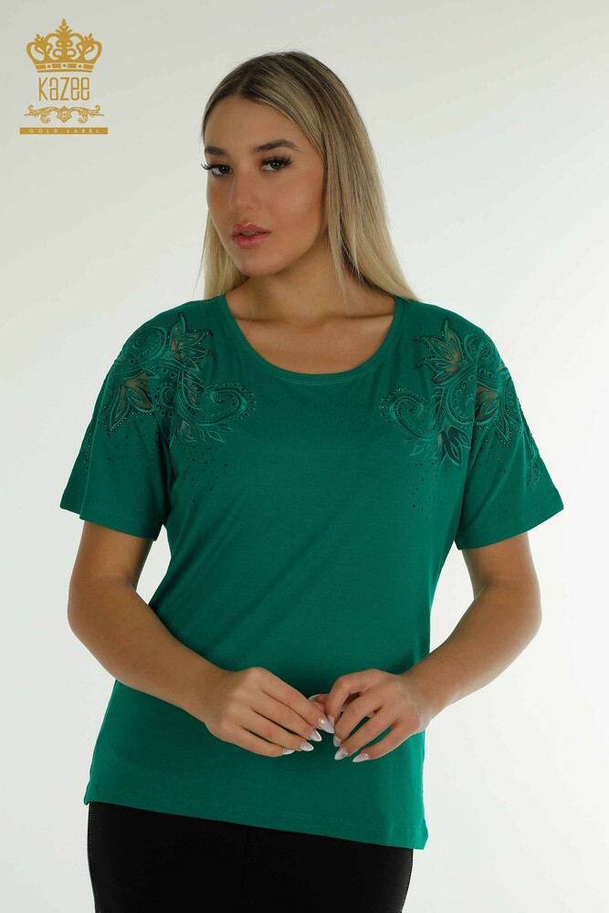 Wholesale Women's Blouse - Floral Pattern - Green - 79093 | KAZEE - 1