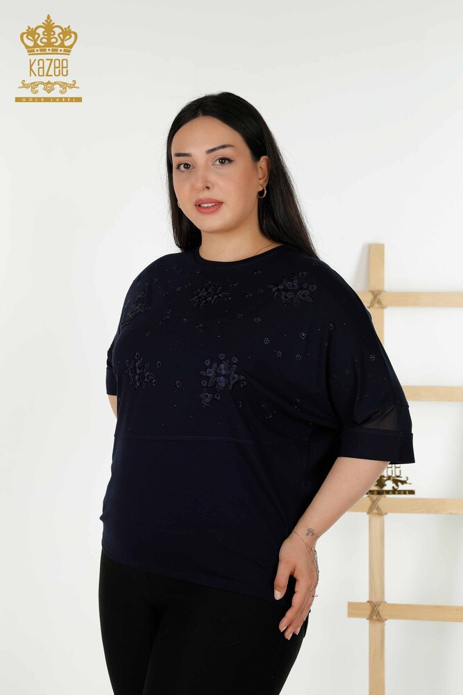 Wholesale Women's Blouse - Floral Pattern - Navy Blue - 79087 | KAZEE - 1