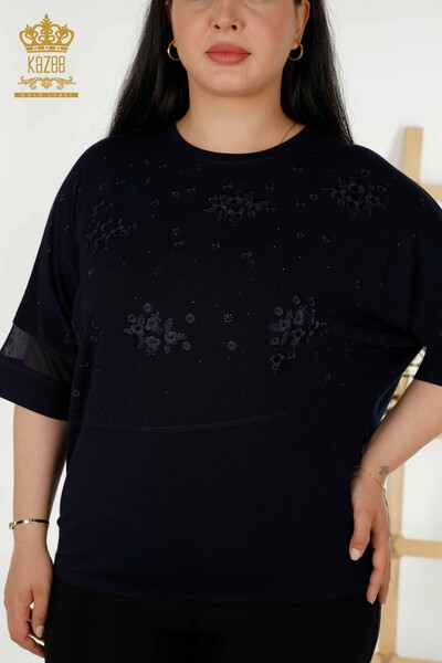 Wholesale Women's Blouse - Floral Pattern - Navy Blue - 79087 | KAZEE - 2