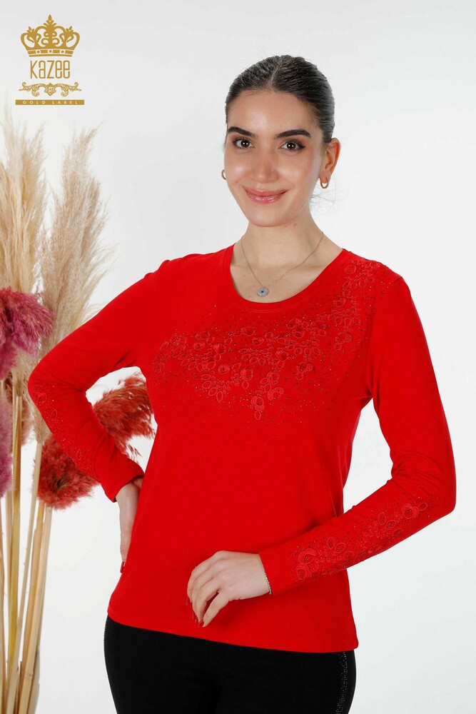 Wholesale Women's Blouse Floral Pattern Red - 79010 | KAZEE - 1