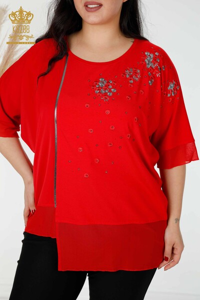 Wholesale Women's Blouse Floral Patterned Tulle Detailed Red - 79032 | KAZEE - 2