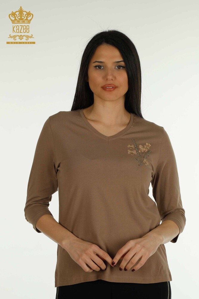 Wholesale Women's Blouse Flower Embroidered Light Brown - 79466 | KAZEE - 1