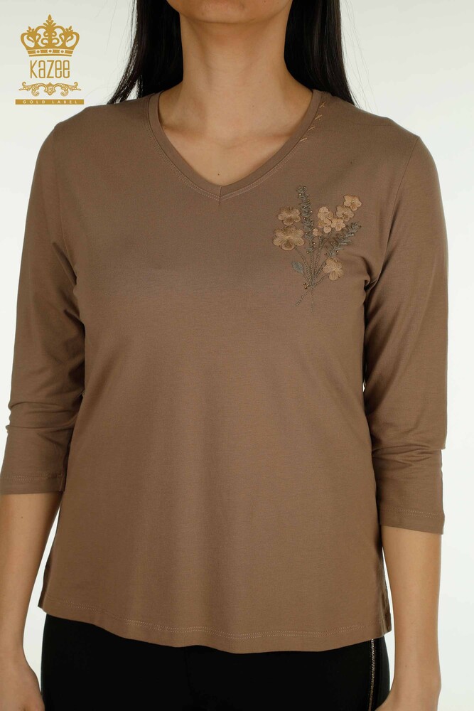 Wholesale Women's Blouse Flower Embroidered Light Brown - 79466 | KAZEE - 2