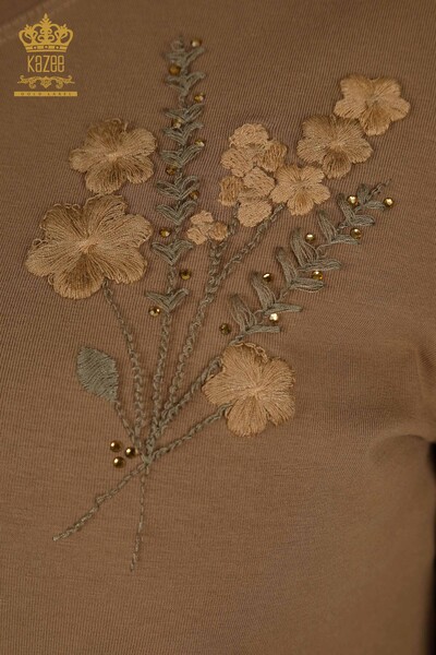 Wholesale Women's Blouse Flower Embroidered Light Brown - 79466 | KAZEE - 5