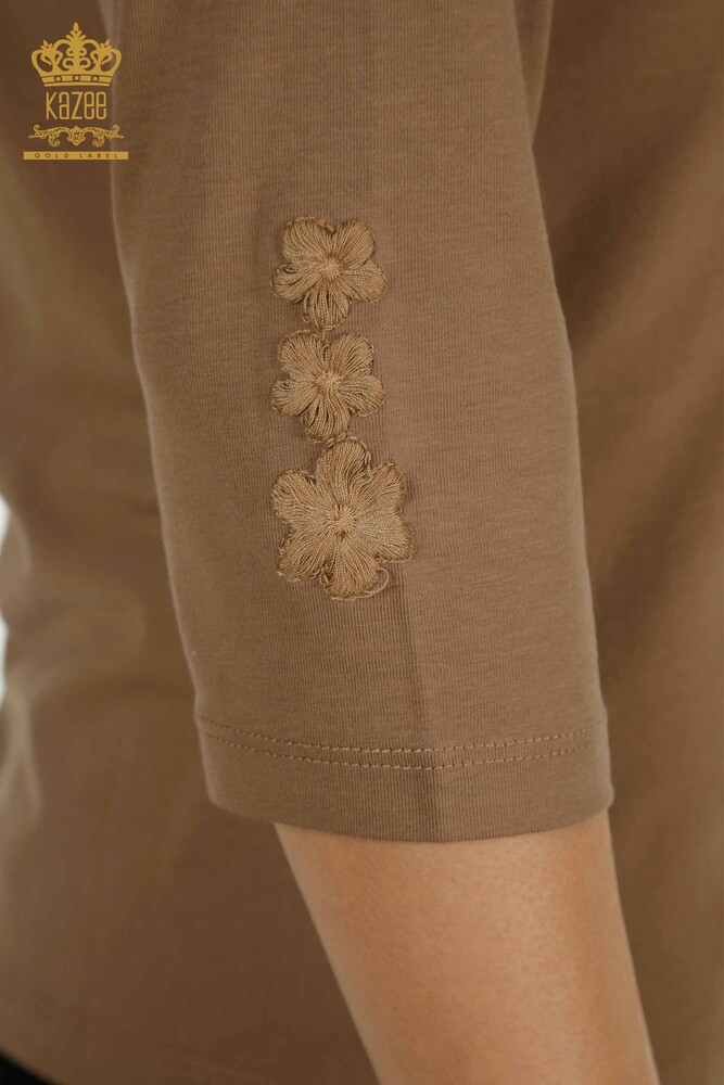 Wholesale Women's Blouse Flower Embroidered Light Brown - 79466 | KAZEE - 7