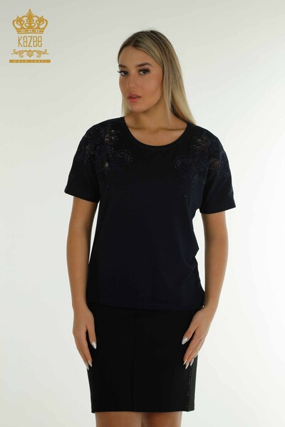 Wholesale Women's Blouse Floral Pattern Navy - 79093 | KAZEE - Kazee