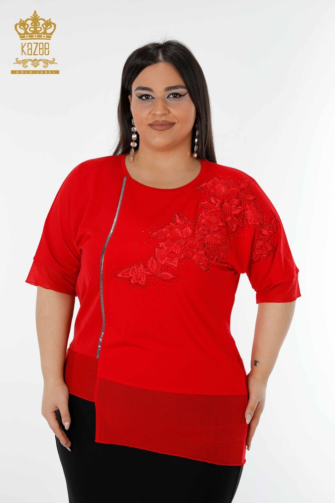 Wholesale Women's Blouse Floral Pattern Red - 79031 | KAZEE - 1