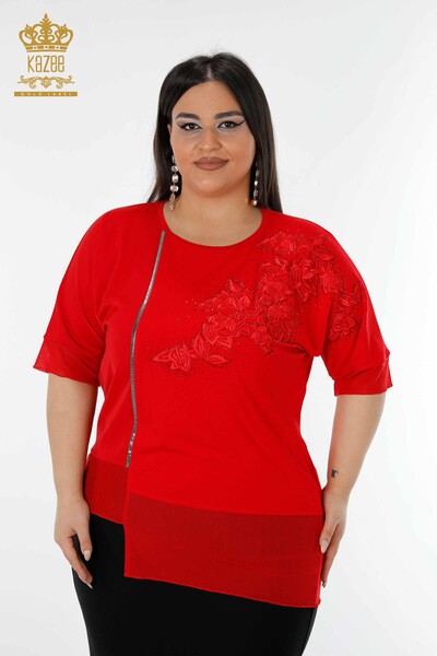 Wholesale Women's Blouse Floral Pattern Red - 79031 | KAZEE - Kazee