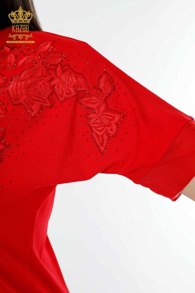 Wholesale Women's Blouse Floral Pattern Red - 79031 | KAZEE - 3