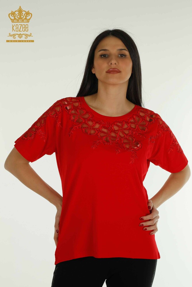 Wholesale Women's Blouse Floral Pattern Red - 79049 | KAZEE - 1