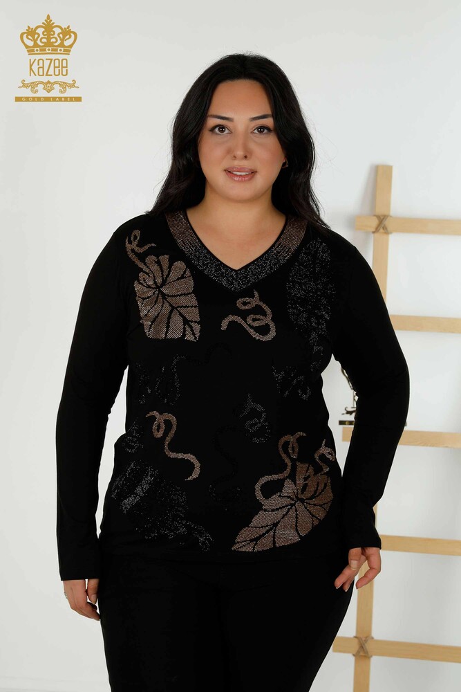 Wholesale Women's Blouse Leaf Pattern Black - 79376 | KAZEE - 1