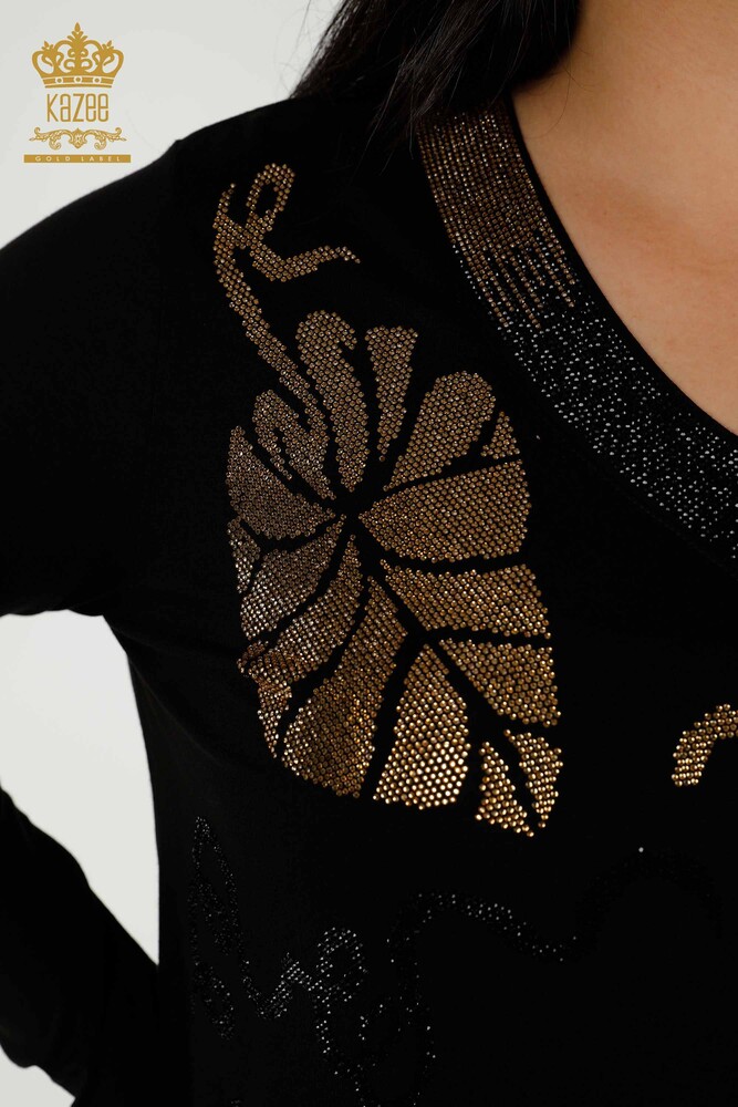 Wholesale Women's Blouse Leaf Pattern Black - 79376 | KAZEE - 3