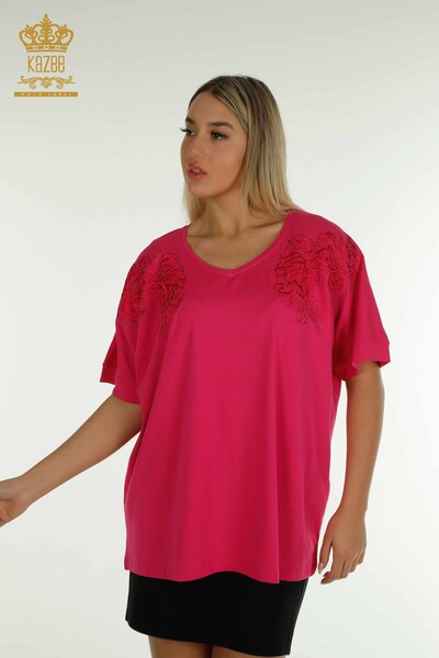 Wholesale Women's Blouse Leaf Pattern Fuchsia - 79090 | KAZEE - Kazee