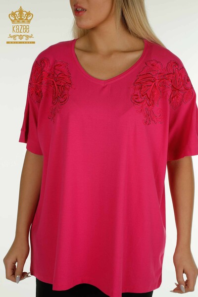 Wholesale Women's Blouse Leaf Pattern Fuchsia - 79090 | KAZEE - 2