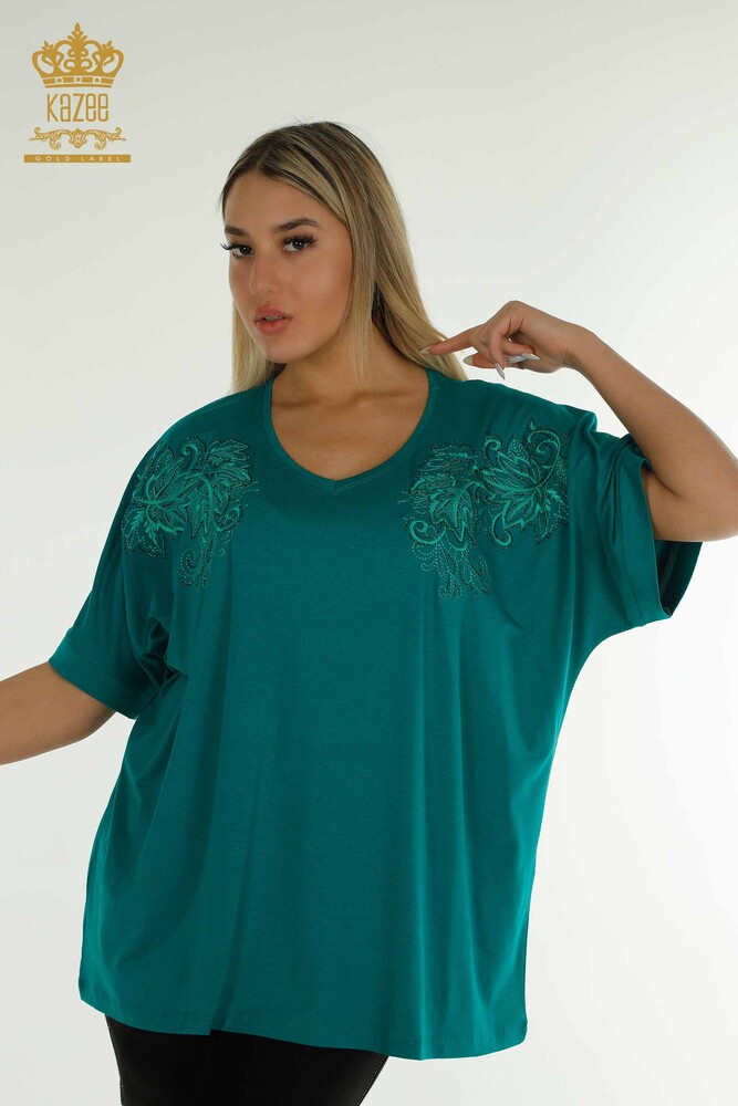 Wholesale Women's Blouse Leaf Patterned Green - 79090 | KAZEE - 1