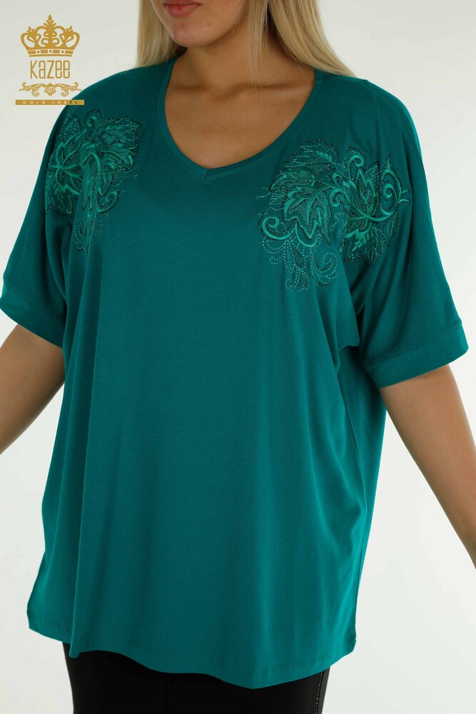 Wholesale Women's Blouse Leaf Patterned Green - 79090 | KAZEE - 2