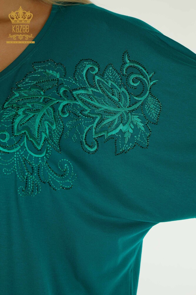 Wholesale Women's Blouse Leaf Patterned Green - 79090 | KAZEE - 4