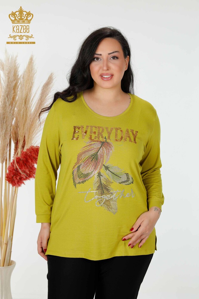 Wholesale Women's Blouse Leaf Pattern Pistachio Green - 77913 | KAZEE - 1