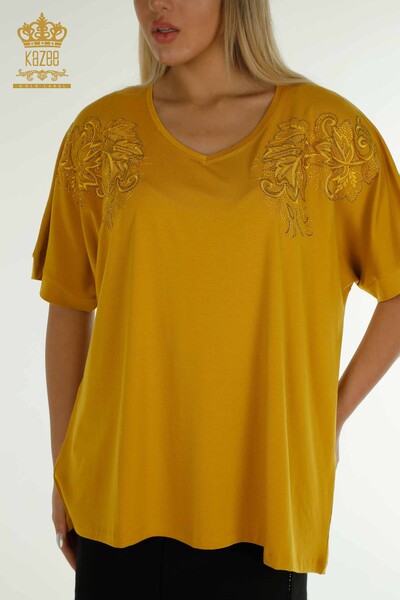 Wholesale Women's Blouse - Leaf Patterned - Saffron - 79090 | KAZEE - 2