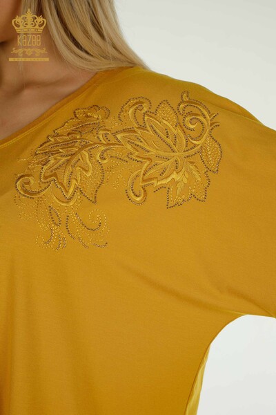 Wholesale Women's Blouse - Leaf Patterned - Saffron - 79090 | KAZEE - 4