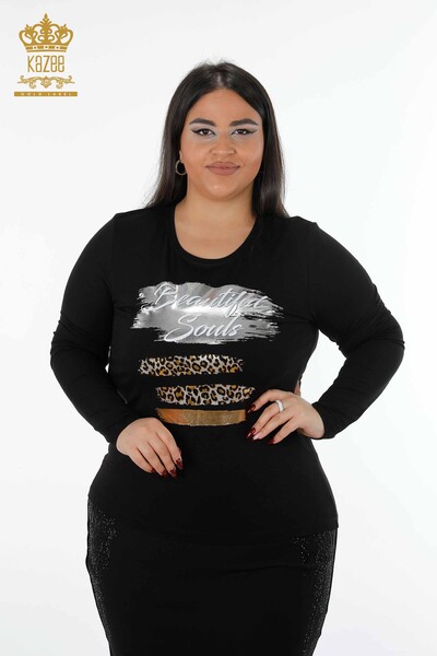 Wholesale Women's Blouse Leopard Embroidered Crew Neck Line Detail - 79012 | KAZEE - 11