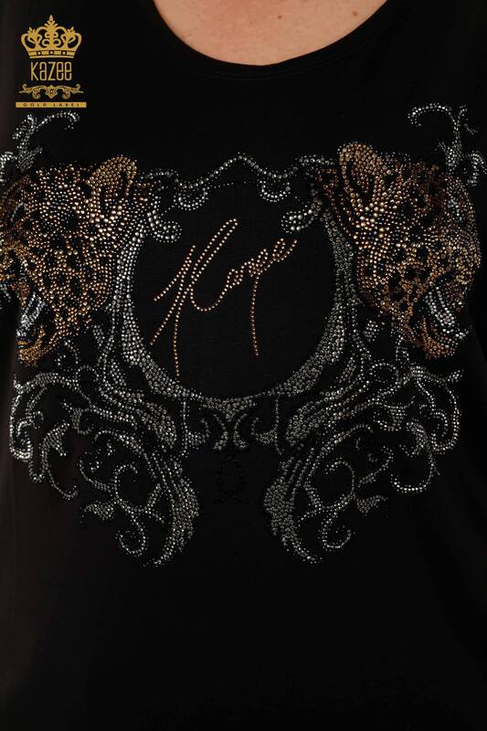 Wholesale Women's Blouse - Leopard Pattern - Black - 77648 | KAZEE