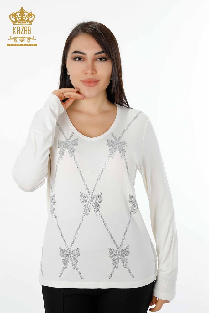 Wholesale Women's Blouse Patterned Ecru - 79003 | KAZEE - 1